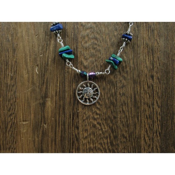 Jewelry - 20" Sterling Silver Malachite Lapis Lazuli Sun Pendant Necklace Vintage